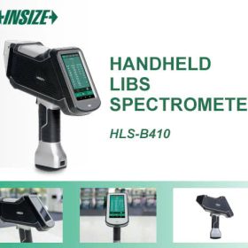 Máy quang phổ LIBS cầm tay Insize HLS-B410 hiển thị kết quả phân tích hợp kim trên màn hình cảm ứng và bộ mẫu chuẩn đi kèm.