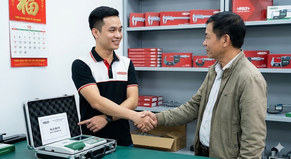 Đại diện Insize Việt Nam bắt tay khách hàng tại văn phòng, cam kết dịch vụ kỹ thuật và linh kiện sẵn có cho dòng súng bắn kim loại HLS-B410.